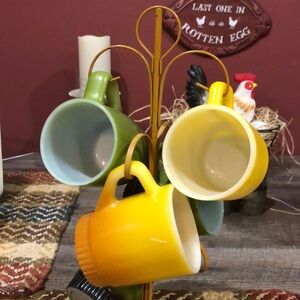 Fire King Vintage  Green / Yellow Mugs with Stand